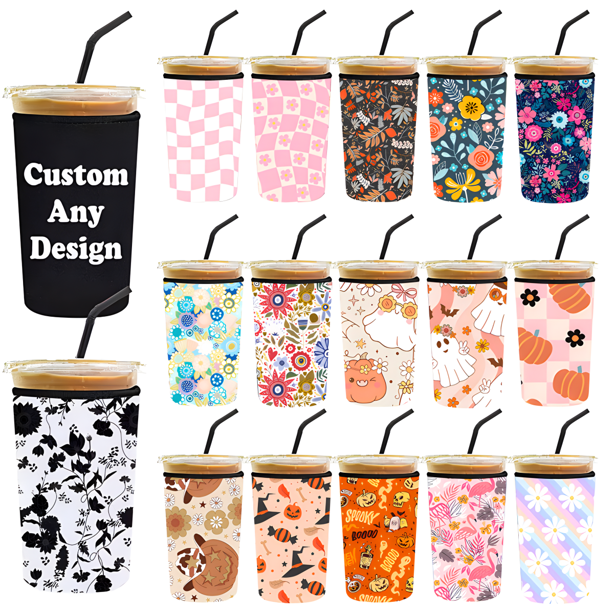 Showcase of custom printed neoprene can coolers and bottle sleeves with various full-color logos, vibrant patterns, and professional graphic designs for promotional use.